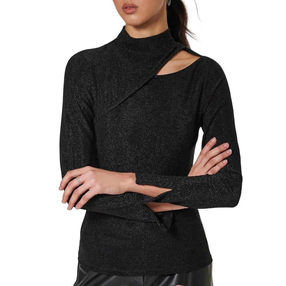 Women's Knit Top Mock Neck Cutout Detail Stretchy Pullover Casual